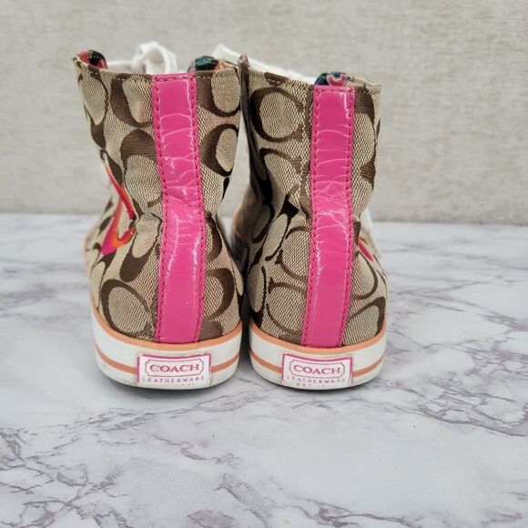 Coach Women's High Top Sneakers Brown Logo Canvas and Pink Embroidery - Picture 8 of 16